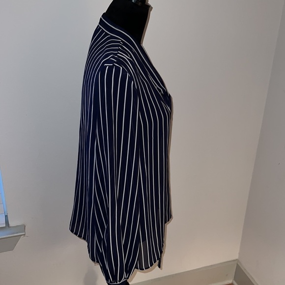 LAUREN Ralph Lauren Sz L blue white striped long sleeves front ties blouse 12 - Picture 5 of 7